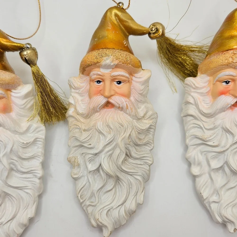Set of 3 Vintage Santa Face Christmas Ornaments‎ Gold Hat Tassel Holiday Decor